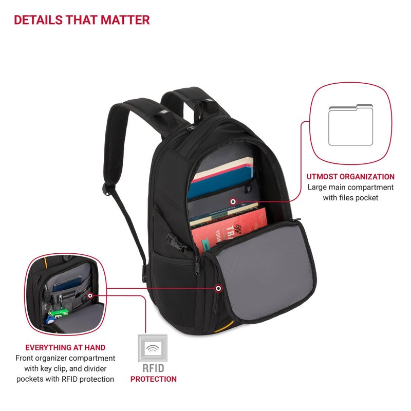SWISSGEAR حقيبة ظهر سويس جير 1900 ميني سكان سمارت 16 بوصة، تناسب حتى لابتوب 13 بوصة، حماية RFID وحيز صديق لتفتيش TSA، أسود/أصفر - Image 5