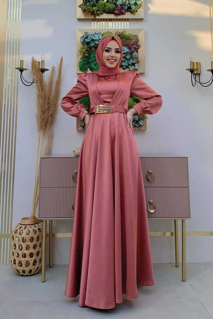 Bym Fashion Bym Chest Part Layered Stripe Detail Waist Belt Accessory Evening Dress 3792 Dusty Rose - Image 3