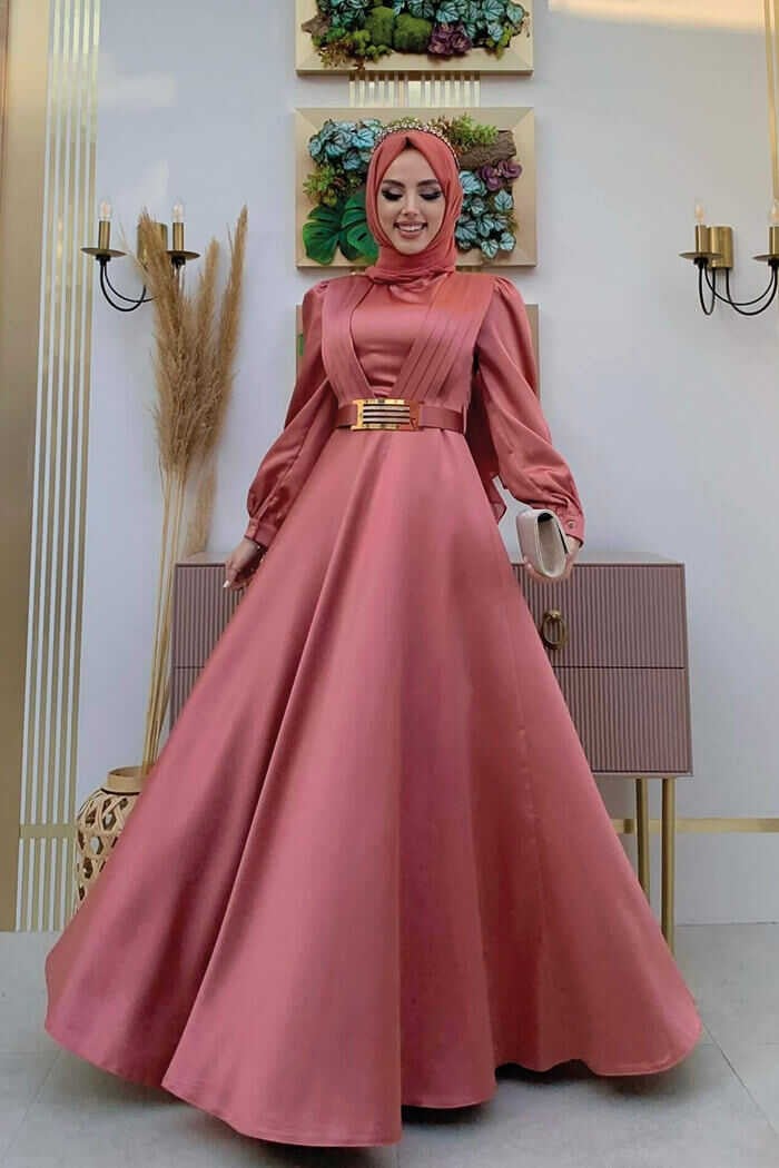 Bym Fashion Bym Chest Part Layered Stripe Detail Waist Belt Accessory Evening Dress 3792 Dusty Rose - Image 1