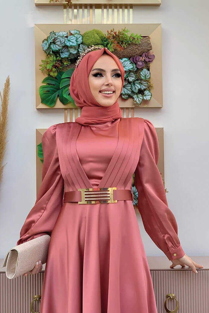 Bym Fashion Bym Chest Part Layered Stripe Detail Waist Belt Accessory Evening Dress 3792 Dusty Rose - Image 4