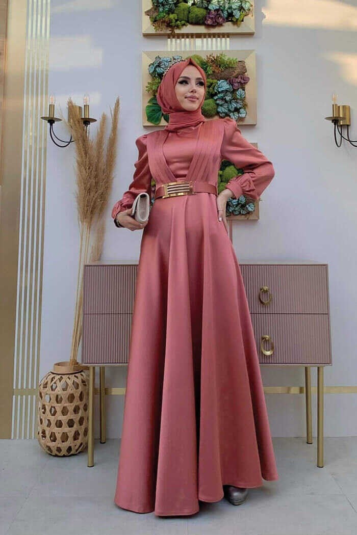 Bym Fashion Bym Chest Part Layered Stripe Detail Waist Belt Accessory Evening Dress 3792 Dusty Rose - Image 2