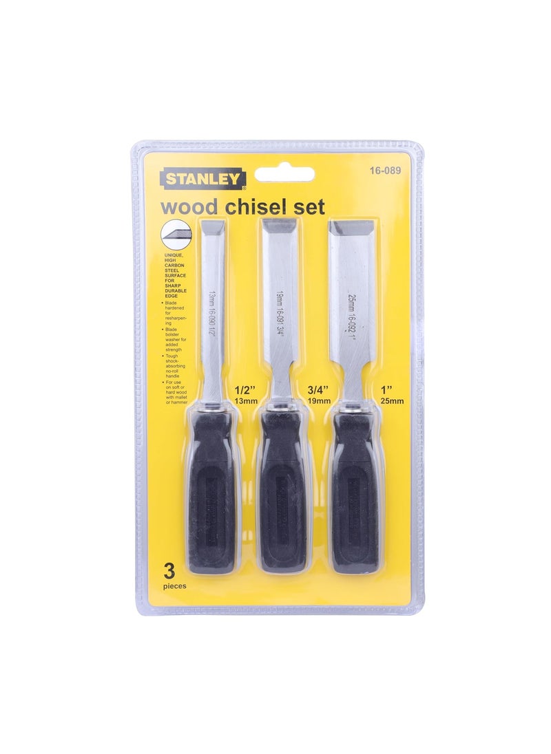 Stanley STANLEY 16089 3Piece Wood Chisel Set with AntiRust Properties for Shaping Cutting Wood Surfaces 12x7 3434x7 341x7 34 GREY BLACK Made in Singapore  - Image 1