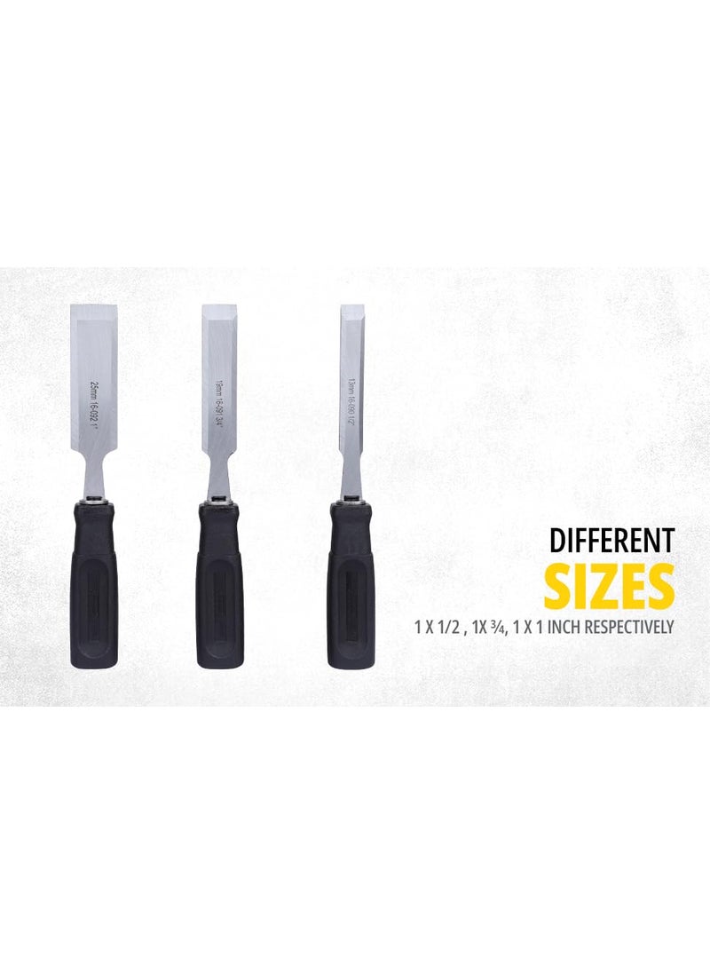 Stanley STANLEY 16089 3Piece Wood Chisel Set with AntiRust Properties for Shaping Cutting Wood Surfaces 12x7 3434x7 341x7 34 GREY BLACK Made in Singapore  - Image 3