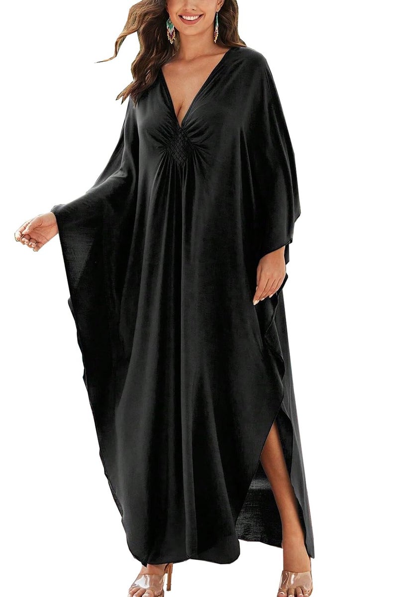 YouKD Women's Solid Color Bohemian Kaftan Dress Beach Cover Ups Plus Size Bathrobes One Size - Image 1