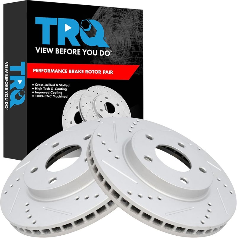 TRQ Front Brake Rotor Set G Coated Vented Drilled Slotted Compatible with 2007-2012 Dodge Caliber 2008-2017 Mitsubishi Lancer - Image 1
