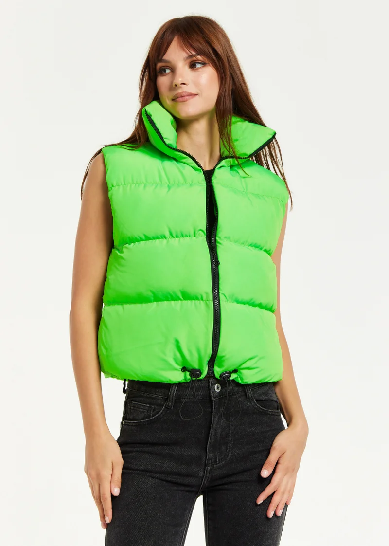 Liquorish Green Puffer Vest with Drawstring Hem