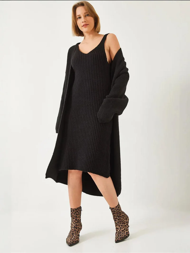LUCCI Textured Knitwear V-Neck Cardigan-Dress Two-Piece Set