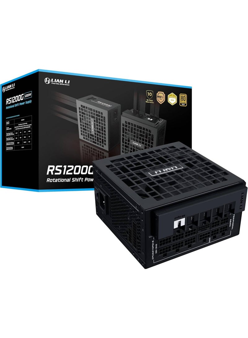 ليان لي مزود طاقة RS Rotational Shift معياري بالكامل، 1200 واط، كفاءة 80+ ذهبية، مروحة تبريد صامتة 135 مم، مكثفات EPCOS ألمانية صناعية، جاهز لـ ATX 3.1 و PCIe 5.0، مدخل تيار متردد قابل للدوران 90 درجة، أسود | RS1200G.BH00 - Image 1