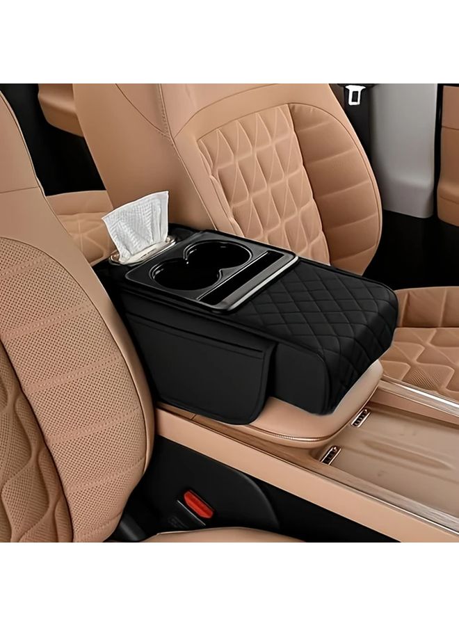 1pc Premium Faux Leather Car Door Armrest Organizer With Tissue Box 2 Side Pockets And 2 Cup Holders Black Multi Functional Storage Solution For Enhanced Interior Comfort Fits Most Vehicles Vehicle Interior Upgrade Modern Car Accessory Durable Car Accessory - Image 1
