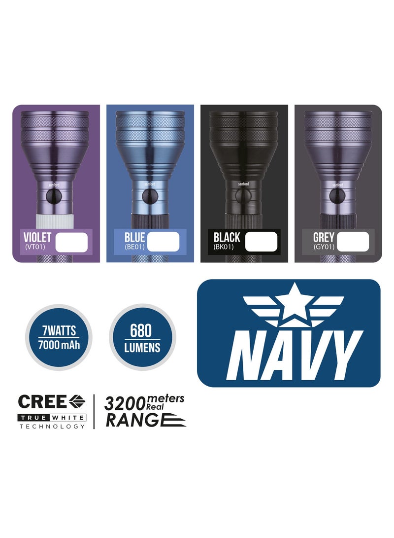 سانفورد كشاف LED، مدى 3200 متر، 680 لومن، مصباح LED CREE بقوة 7 وات، بطارية 7000 مللي أمبير/ساعة، لوحة أمامية غير قابلة للكسر، هيكل من الألومنيوم المستخدم في الطائرات، مقاوم للماء والصدمات - Image 3