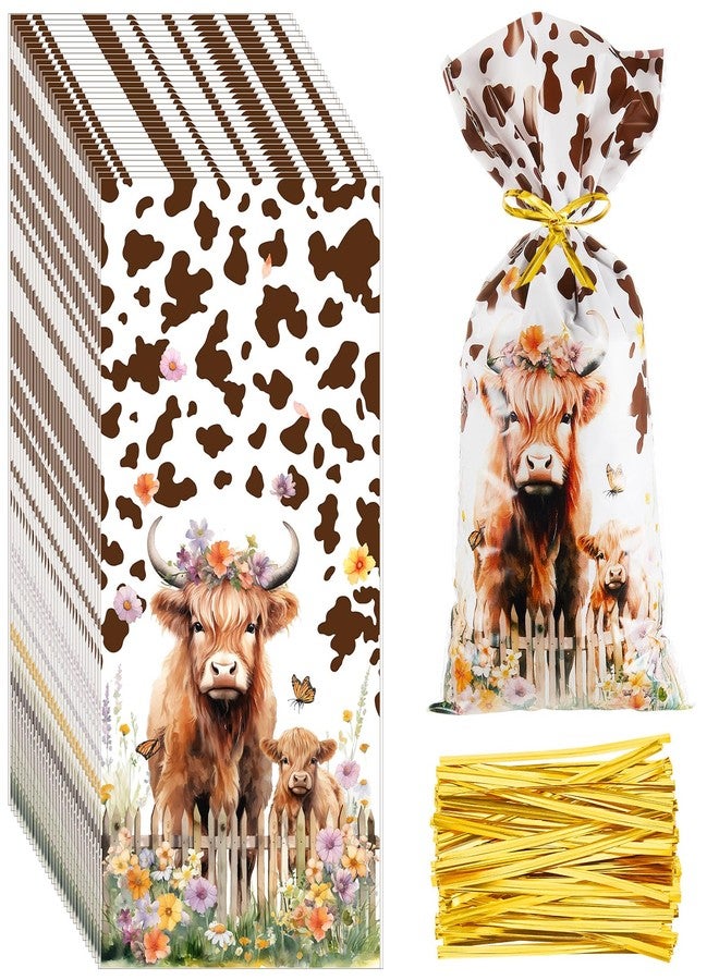 Engrowtic 100 Pcs Highland Cow Party Favor Gift Bag Cellophane Treat Goodie Bags with Twist Ties for Highland Cow Party Decorations - Image 1