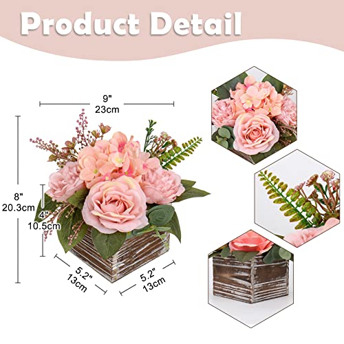 DILATATA Flower Arrangement with Wooden Vase 8 Artificial Flowers in Pot Fake Flowers Roses Peonies Hydrangeas in Wooden Vase Potted Flower Centerpieces for Table Decor Living Room Dusty Pink - Image 3
