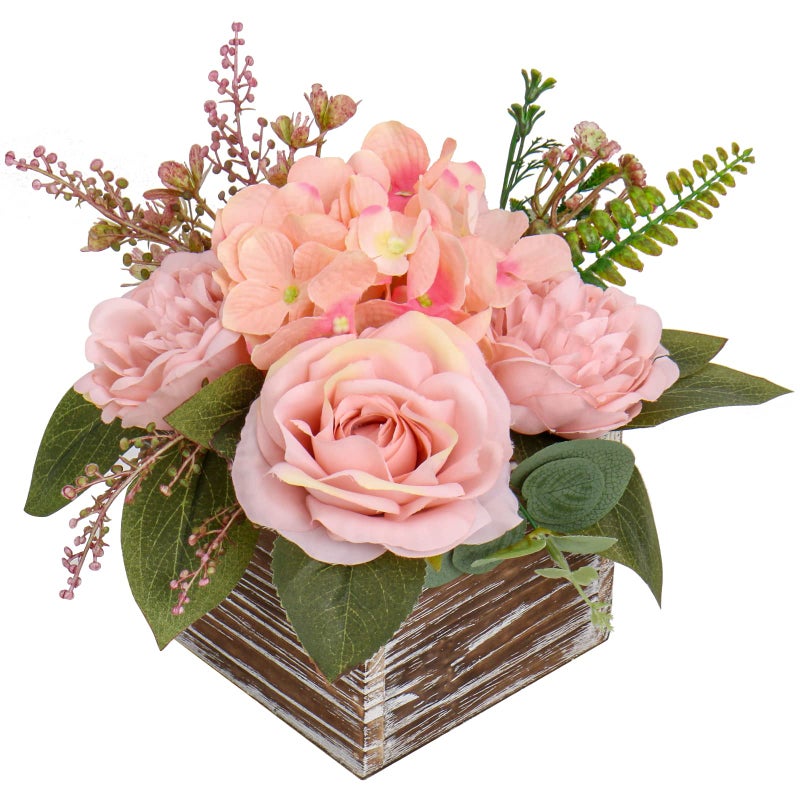 DILATATA Flower Arrangement with Wooden Vase 8 Artificial Flowers in Pot Fake Flowers Roses Peonies Hydrangeas in Wooden Vase Potted Flower Centerpieces for Table Decor Living Room Dusty Pink - Image 2