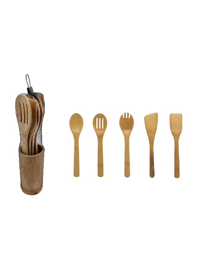 Bien Servi 5-Piece Bamboo Kitchen Utensil Set with Holder Brown 6 x 6 x 30 cm C10-A315
