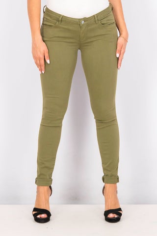 Women Skinny Fit Plain Pants, Olive
