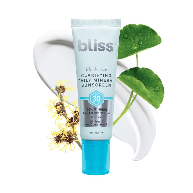 Bliss Block Star Clarifying Daily Mineral Sunscreen Broad Spectrum SPF 30, Blendable Pore Safe Formula for Blemish Prone Skin with Salicylic Acid and Witch Hazel, 1.4 Fl Oz - Image 1