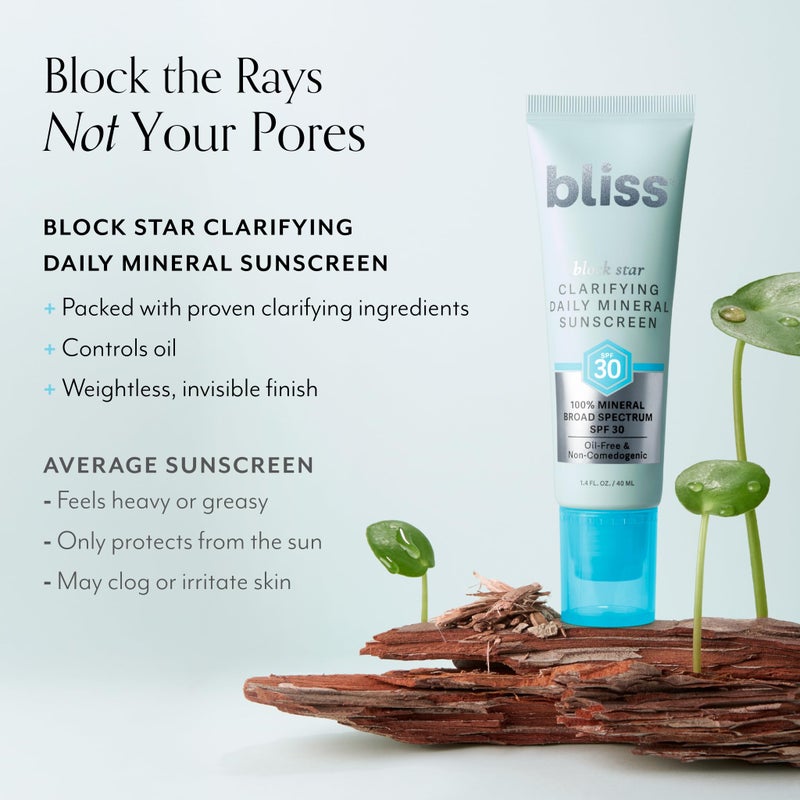 Bliss Block Star Clarifying Daily Mineral Sunscreen Broad Spectrum SPF 30, Blendable Pore Safe Formula for Blemish Prone Skin with Salicylic Acid and Witch Hazel, 1.4 Fl Oz - Image 2