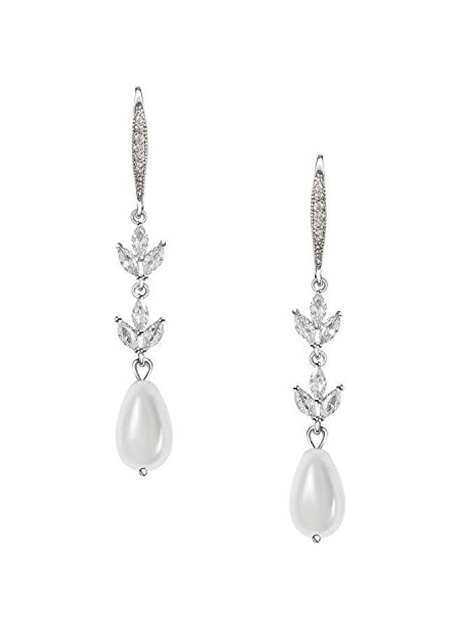Cubic Zirconia Pearl Drop Wedding Earrings for Brides, Ivory Bridal Pearl Earrings for Bridesmaid Jewelry Gift - Image 1
