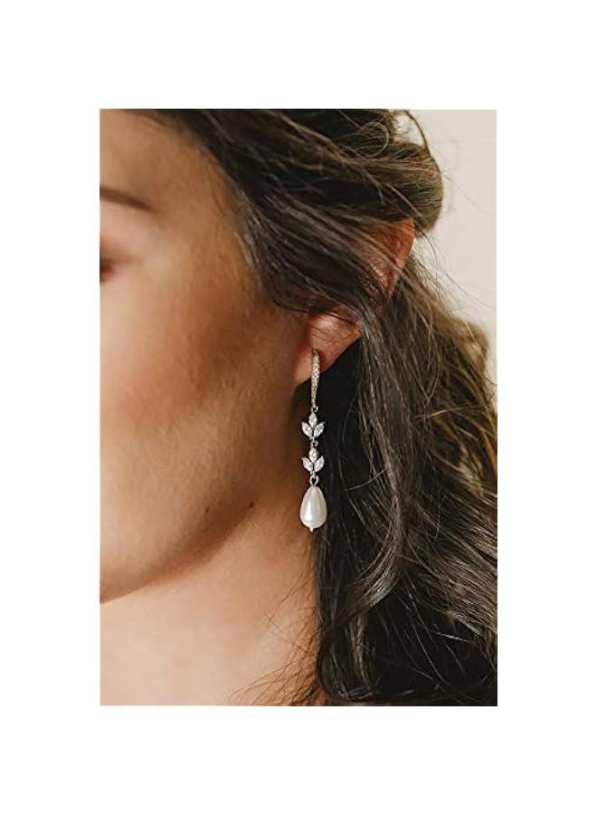 Cubic Zirconia Pearl Drop Wedding Earrings for Brides, Ivory Bridal Pearl Earrings for Bridesmaid Jewelry Gift - Image 2
