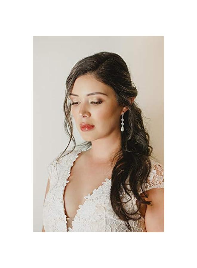 Cubic Zirconia Pearl Drop Wedding Earrings for Brides, Ivory Bridal Pearl Earrings for Bridesmaid Jewelry Gift - Image 3