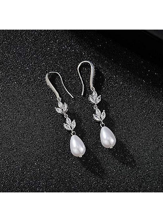 Cubic Zirconia Pearl Drop Wedding Earrings for Brides, Ivory Bridal Pearl Earrings for Bridesmaid Jewelry Gift - Image 5