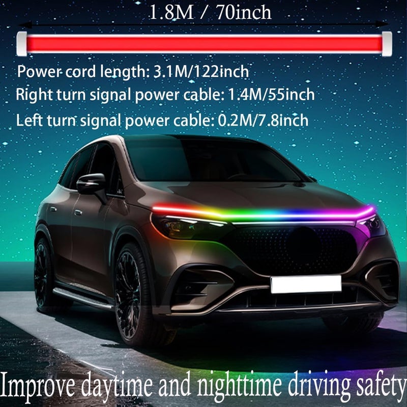 شريط ضوء LED لغطاء المحرك للسيارة، أضواء تشغيل نهارية خارجية مرنة مقاومة للماء، شريط ضوء غطاء المحرك متعدد الألوان RGB، أضواء تشغيل نهارية مسح ديناميكي، مناسبة للسيارات 12V-24V - Image 3