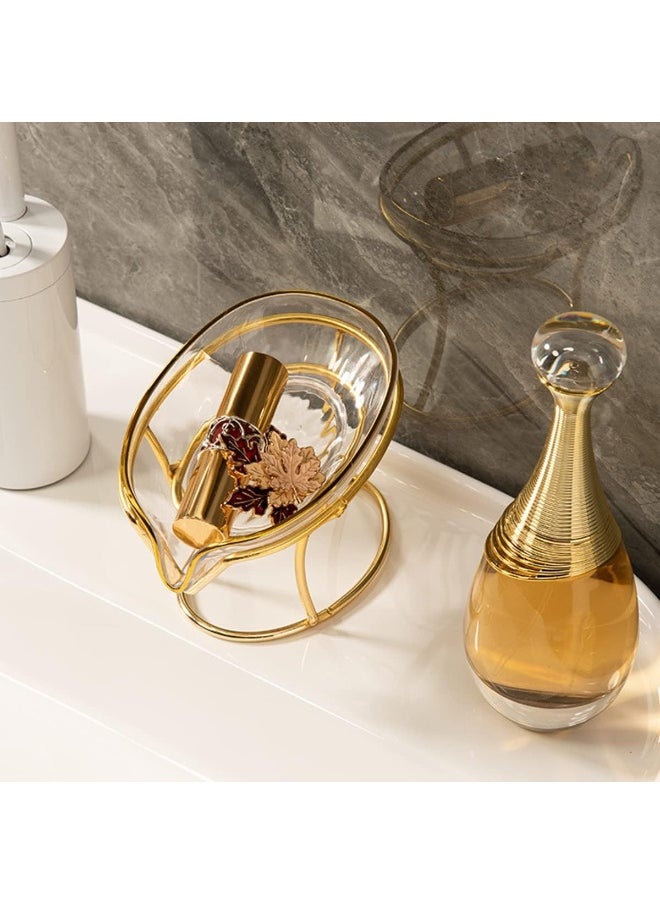 IBAMA - IBAMA Creative Soap Dish Soap Holder Self Draining Jewelry Holder Sponge Tray Soap Dishes with Gold Frame for Shower, Bathroom, Home Decor, Shower Kitchen Accessories Leaf Shape - Image 1