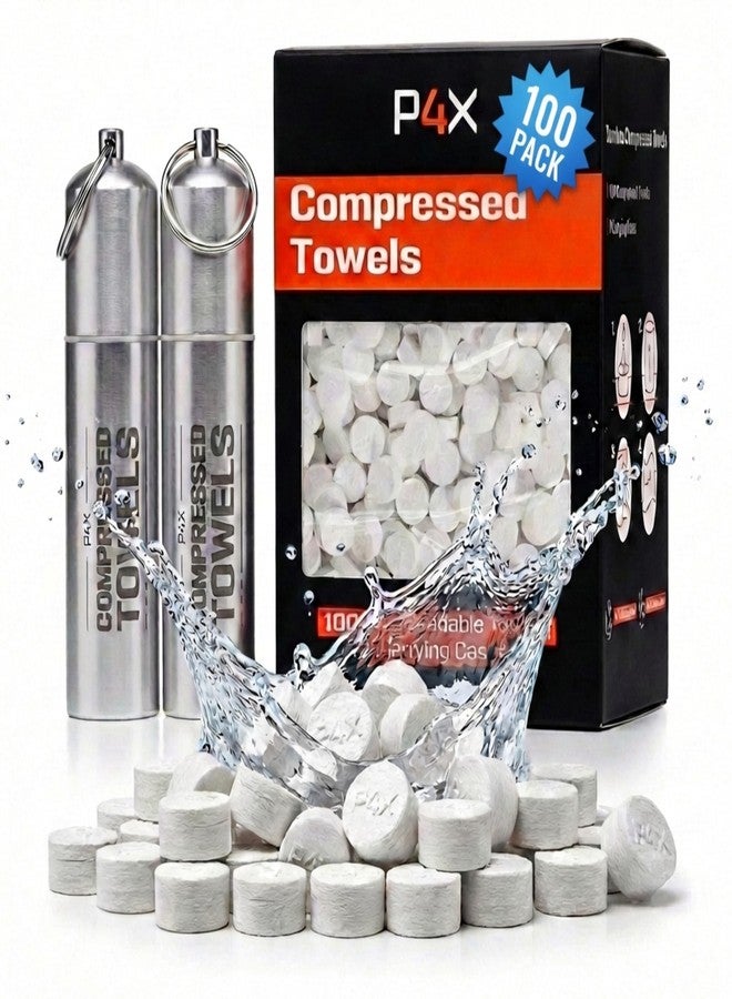 PREPARED4X Compressed Towel Tablets - 100% Bamboo Camping Toilet Paper Tablets, Great for Hiking, Travel & Backpacking - Disposable Washcloths, Body Wipes, Paper Towel Coin Tissue - 100 Pack with Metal Cases - Image 1