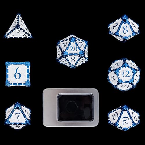 Cusdie 7pcs Metal DND Dice with Tin Box Dagger Design Polyhedral Die Set for Role Playing Game DD Dice Pathfinder Blue White - Image 1