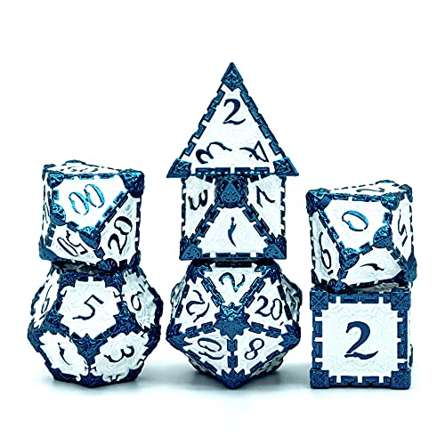 Cusdie 7pcs Metal DND Dice with Tin Box Dagger Design Polyhedral Die Set for Role Playing Game DD Dice Pathfinder Blue White - Image 5