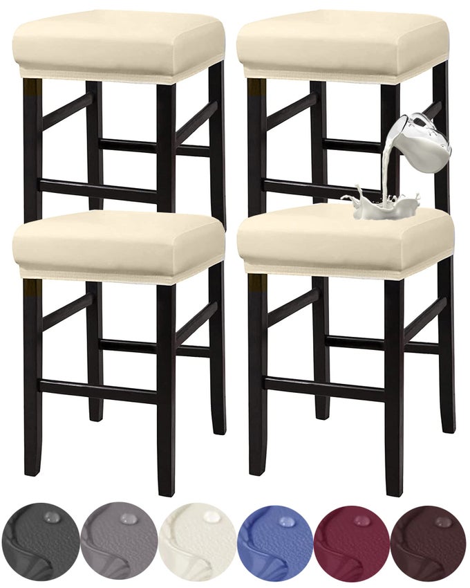 STOOL COVERS RECTANGLE STRETCH WATERPROOF PU RECTANGLE BAR STOOL COVERS VANITY STOOL COVER WASHABLE COUNTER STOOL COVERS SADDLE SEAT COVER WITH ELASTIC BANDS4 PACKBEIGE
