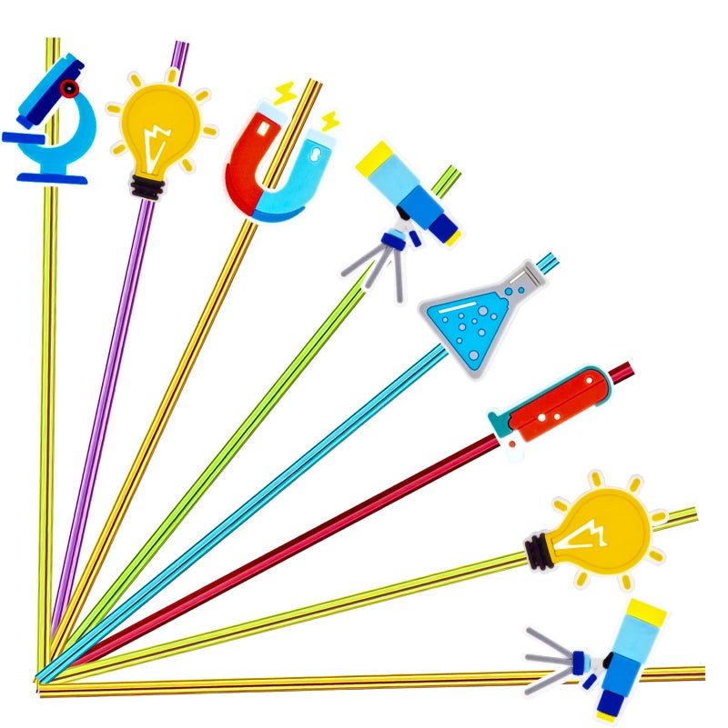 Meaxur 24pcs Science Theme Straws 6 Colors Reusable Plastic  Drink Cocktail Straws with Cartoon Decorations Kids Mad Scientist Party Supplies Birthday Party Favors - Image 1