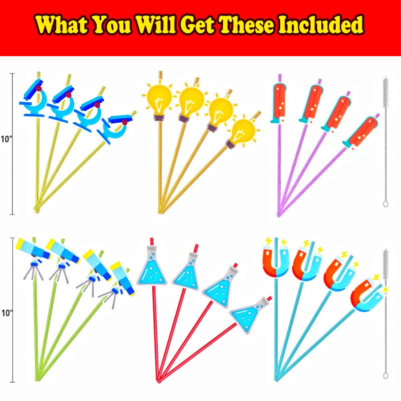Meaxur 24pcs Science Theme Straws 6 Colors Reusable Plastic  Drink Cocktail Straws with Cartoon Decorations Kids Mad Scientist Party Supplies Birthday Party Favors - Image 2