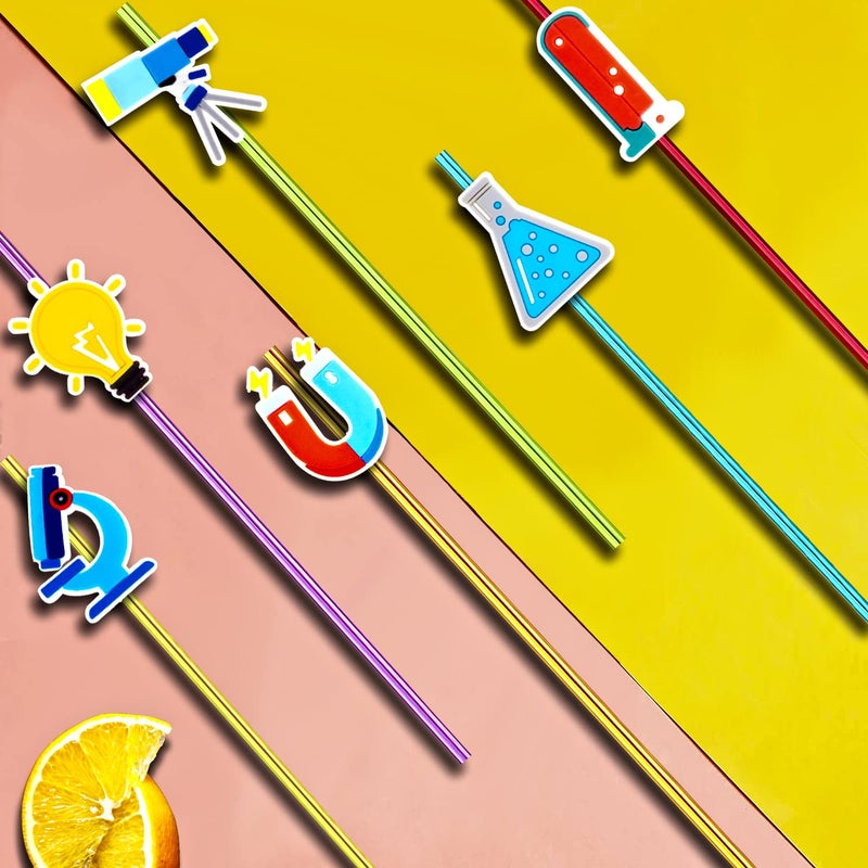 Meaxur 24pcs Science Theme Straws 6 Colors Reusable Plastic  Drink Cocktail Straws with Cartoon Decorations Kids Mad Scientist Party Supplies Birthday Party Favors - Image 4