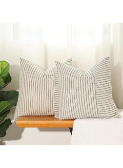 The Bros 18x18 Inch Pillow Covers Gray Splicing Farmhouse Pillow Covers ， Pack of 2 Striped Linen Throw Pillow Covers，used for Sofa Bedroom Decorative Pillow Covers（grey）  - Image 1