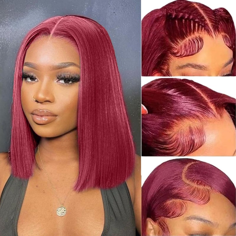 99J Burgundy Bob Wig Human Hair 200 Density 13x4 HD Transparent Straight Lace Front Wigs Human Hair Short Bob Wig Human Hair Pre Plucked With Baby Hair Natural Hairline Glueless Wig Wine Red 12 Inch