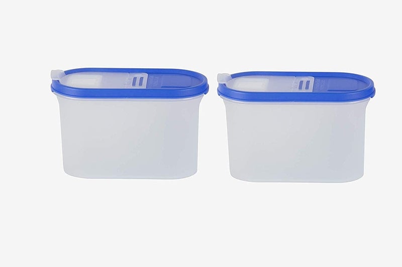 SIMPARTE FlipTop Modular Dispenser Containers Oval Set for Kitchen Storage Plastic Container Rice DalAtta Flour Cereals Pulses Snacks Stackable 2 x 1200 ML Set of 2 Blue Lid - Image 2