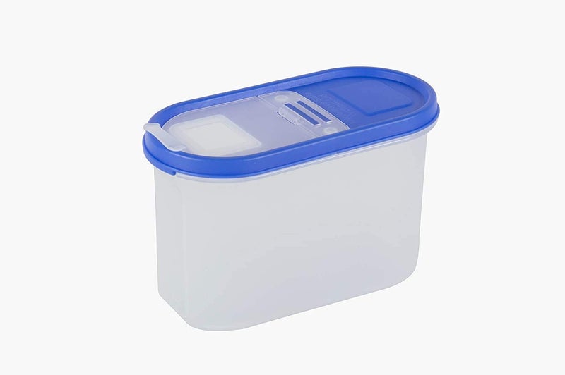 SIMPARTE FlipTop Modular Dispenser Containers Oval Set for Kitchen Storage Plastic Container Rice DalAtta Flour Cereals Pulses Snacks Stackable 2 x 1200 ML Set of 2 Blue Lid - Image 5