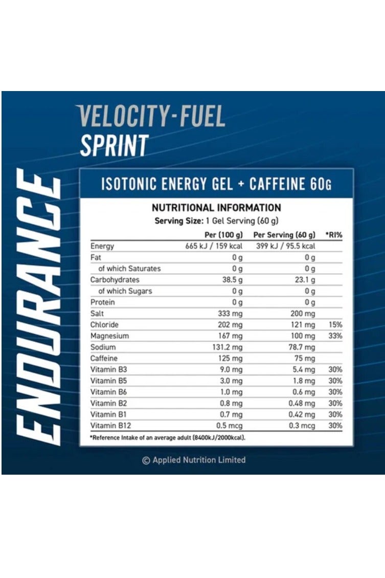 Applied Nutrition Velocity-Fuel Sprint Isotonic Energy Gel with Caffeine, Blackcurrant Flavor, 60g, Fast-Absorbing Carbs, Electrolytes, B-Vitamins, Zero Sugar - Image 2