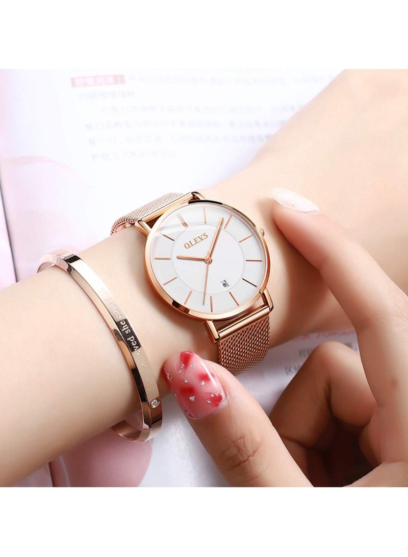 أوليفز ساعة نسائية فاخرة باللون الذهبي الوردي، ساعة رفيعة وخفيفة الوزن من الفولاذ المقاوم للصدأ، ساعة يد نسائية أنيقة مقاومة للماء باللون الأسود والأبيض والأزرق، سوار قابل للتعديل - Image 2