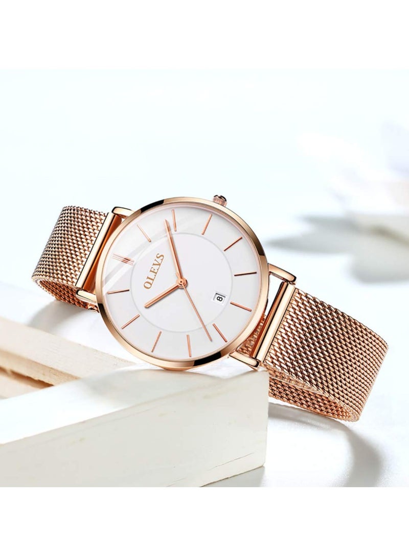 أوليفز ساعة نسائية فاخرة باللون الذهبي الوردي، ساعة رفيعة وخفيفة الوزن من الفولاذ المقاوم للصدأ، ساعة يد نسائية أنيقة مقاومة للماء باللون الأسود والأبيض والأزرق، سوار قابل للتعديل - Image 4