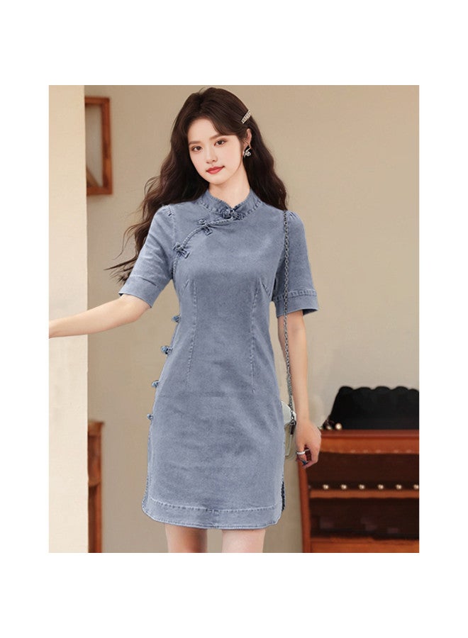 Thin Denim Skirt Summer Elegant Cheongsam Dress - Image 2
