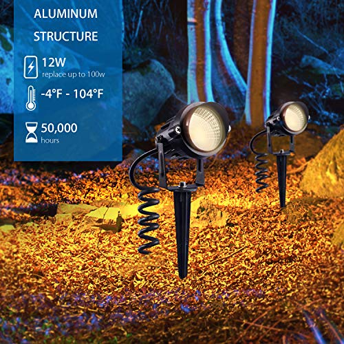 SUNVIE Outdoor Landscape LED Lighting 12W Waterproof Garden Lights COB Led Spotlights with Spiked Stand for Lawn Decorative Lamp US 3- Plug 3000K Warm White (2 Packs) - Image 4