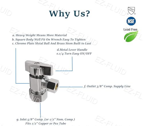 EZ-FLUID (1) EZ-Fluid Heavy Duty 1/2" Nom. (5/8" OD Comp) x 3/8" OD Comp Angle Stop Valve,1/4 Turn Handle,Chrome Brass Water Shut Off Ball Valve For Water Pipes,Bathroom,Kitchen - Image 4