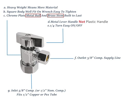 EZ-FLUID (1) EZ-Fluid Heavy Duty 1/2" Nom. (5/8" OD Comp) x 3/8" OD Comp Angle Stop Valve,1/4 Turn Handle,Chrome Brass Water Shut Off Ball Valve For Water Pipes,Bathroom,Kitchen - Image 2