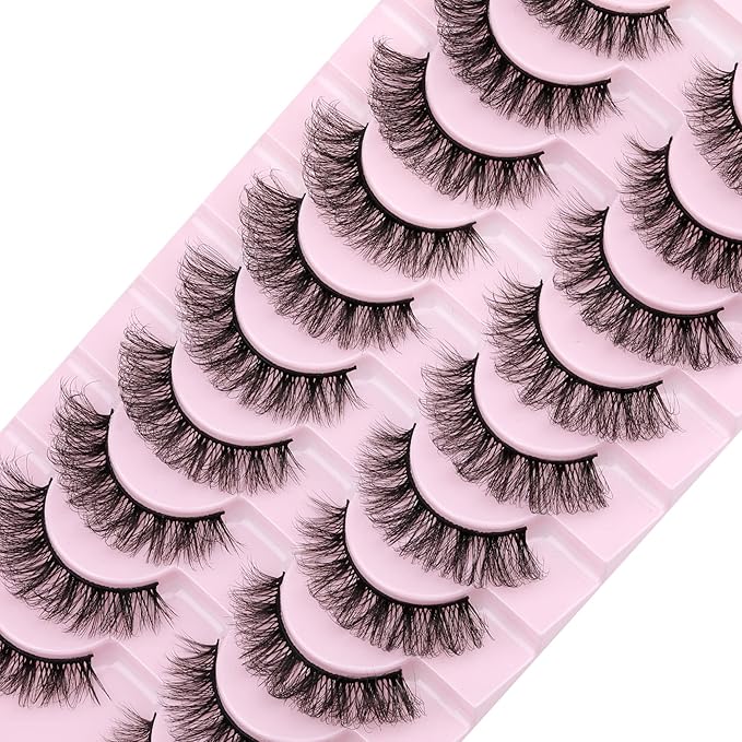 wiwoseo Eyelashes Cat Eyes Lashes D Curly Lashes Strip Russian Volume Natural Wispy Fluffy Curly Full of Volume Faux Mink Lashes 17MM False Eyelashes 10 Pairs Pack - Image 1