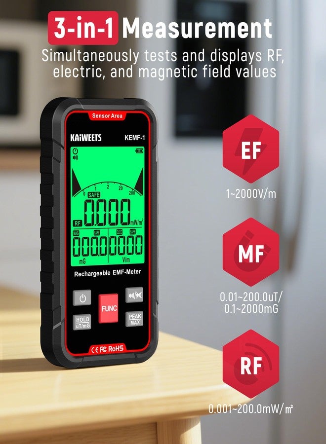 KAIWEETS EMF Detector, 3-in-1 Handheld EMF Meter Detects EF, RF, MF, WiFi Signal, Rechargeable Radiation Detector with 3 Color Backlight and Sound Alarm, Suitable for Home, Office, Ghost Hunting - Image 2