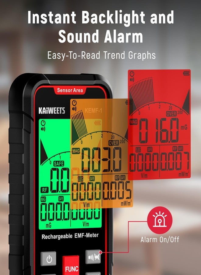 KAIWEETS EMF Detector, 3-in-1 Handheld EMF Meter Detects EF, RF, MF, WiFi Signal, Rechargeable Radiation Detector with 3 Color Backlight and Sound Alarm, Suitable for Home, Office, Ghost Hunting - Image 3