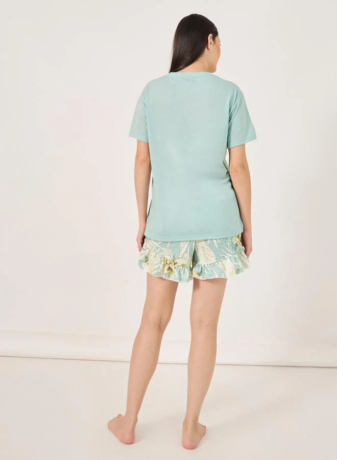 Styli Dreams Slogan T-Shirt and Floral Ruffled Hem Shorts Set