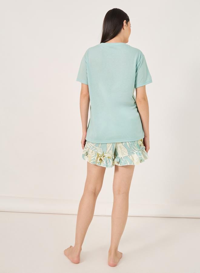 Styli Dreams Slogan T-Shirt and Floral Ruffled Hem Shorts Set  - Image 5